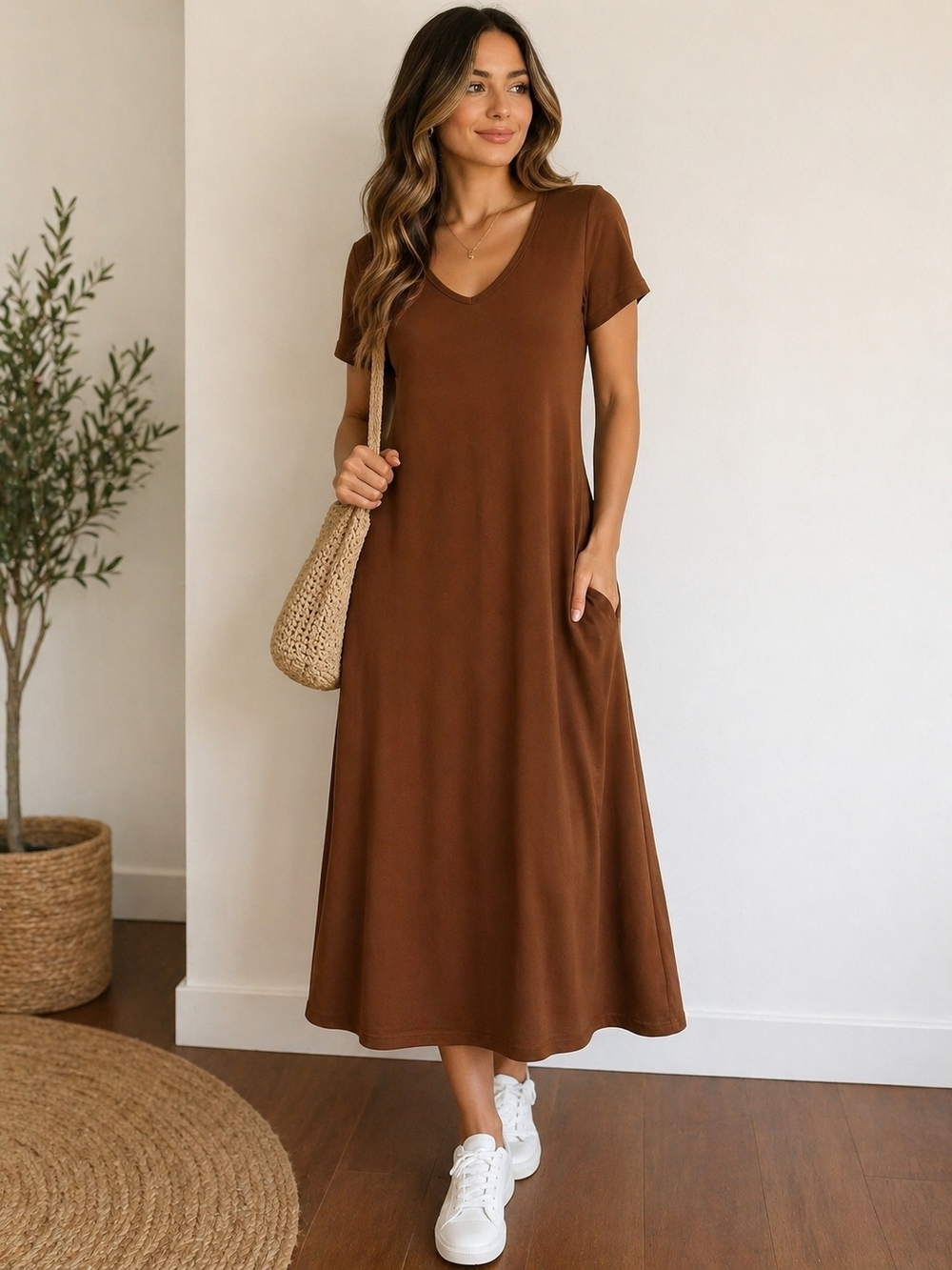 SHEIN Brown V-Neck Short Sleeve Maxi Dress